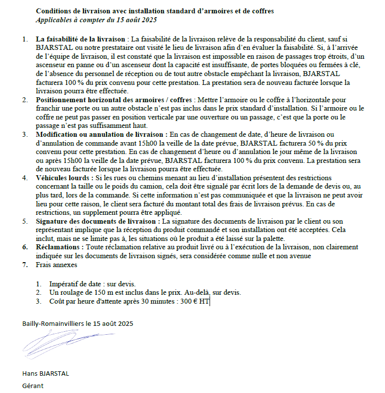 Conditions de livraison avec installation standard d’armoires et de coffres
